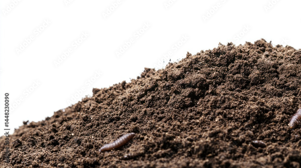A close-up of soil with earthworms, white background A close-up of soil with earthworms, white background