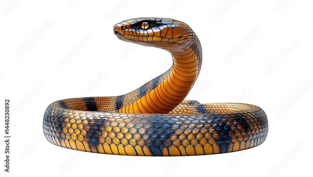 Fototapeta premium A strikingly detailed close-up of a vibrant snake coiled in a natural pose. showcasing its scales and colors. set against a neutral background. ideal for educational or wildlife content