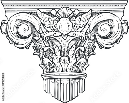 Detailed black and white illustration of an ornate Corinthian column capital with classical scrolls and acanthus leaves