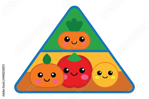 Cartoon Food Pyramid Vector – Colorful Layers of Fruits, Vegetables, Grains, Meat & Dairy in Child-Friendly Style.