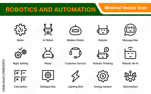 Futuristic Robotics and Automation Icon Pack – Clean Line Vector Illustrations for AI, Smart Tech, Industry 4.0, Innovation, Machine Learning