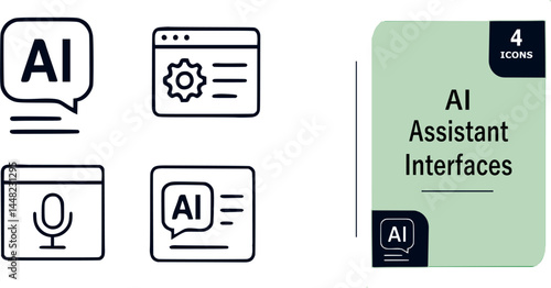 Futuristic AI Assistant Interface Icons,Dark Blue Vector Set