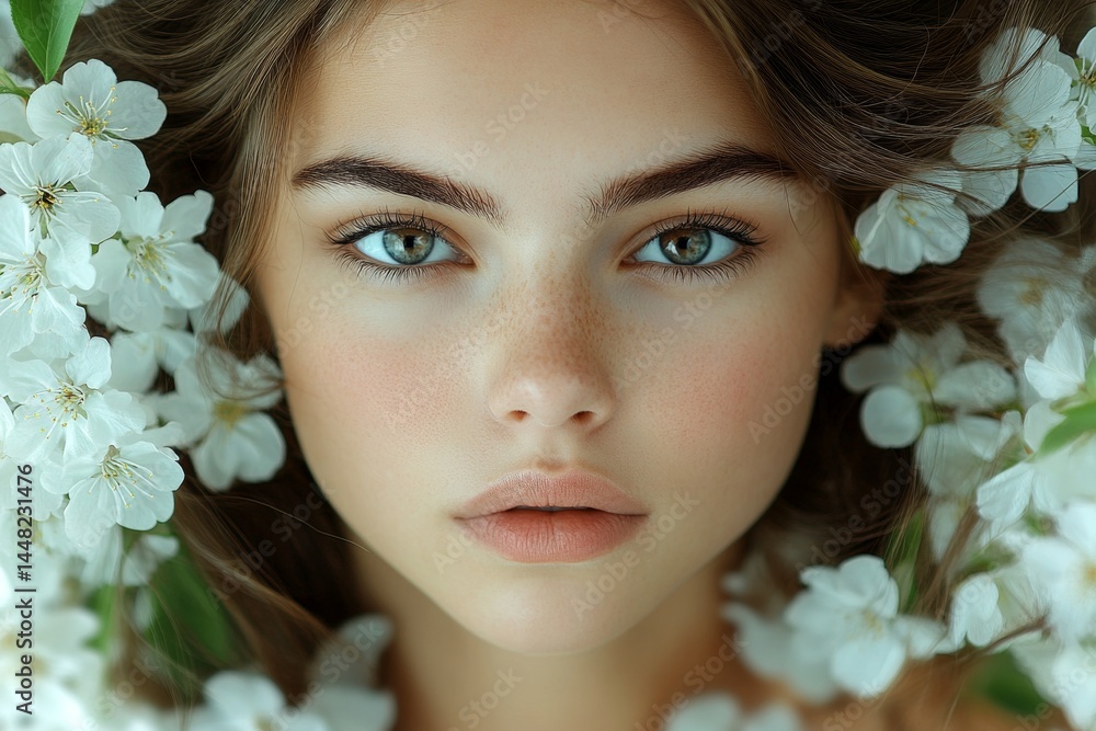 Spring mood, dark night and warm mystic light - complementary lighting. Commercial ad campaign concept art depiction. Attractive caucasian young woman surrounded by cherry blossoms.