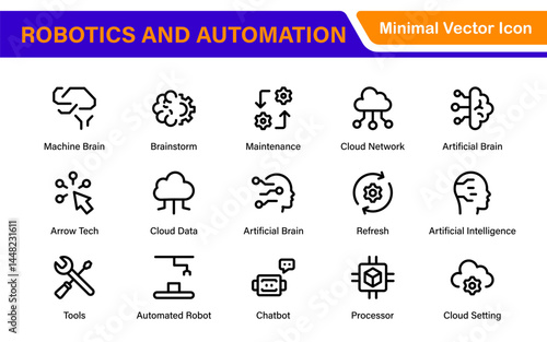 Futuristic Robotics and Automation Icon Pack – Clean Line Vector Illustrations for AI, Smart Tech, Industry 4.0, Innovation, Machine Learning