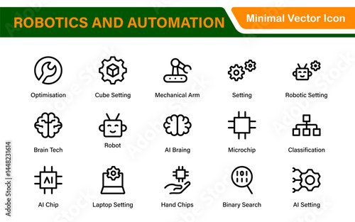Futuristic Robotics and Automation Icon Pack – Clean Line Vector Illustrations for AI, Smart Tech, Industry 4.0, Innovation, Machine Learning