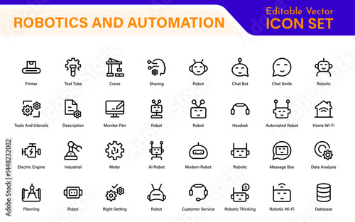 Futuristic Robotics and Automation Icon Pack – Clean Line Vector Illustrations for AI, Smart Tech, Industry 4.0, Innovation, Machine Learning