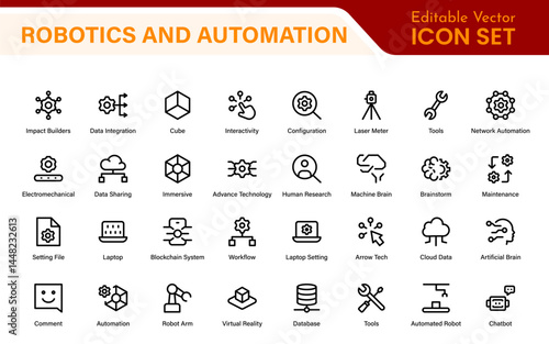 Futuristic Robotics and Automation Icon Pack – Clean Line Vector Illustrations for AI, Smart Tech, Industry 4.0, Innovation, Machine Learning