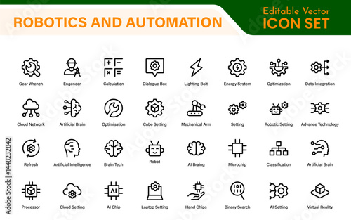 Futuristic Robotics and Automation Icon Pack – Clean Line Vector Illustrations for AI, Smart Tech, Industry 4.0, Innovation, Machine Learning