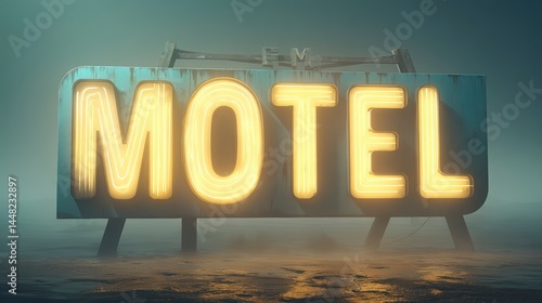 Weathered Motel Sign in Foggy Desert Landscape