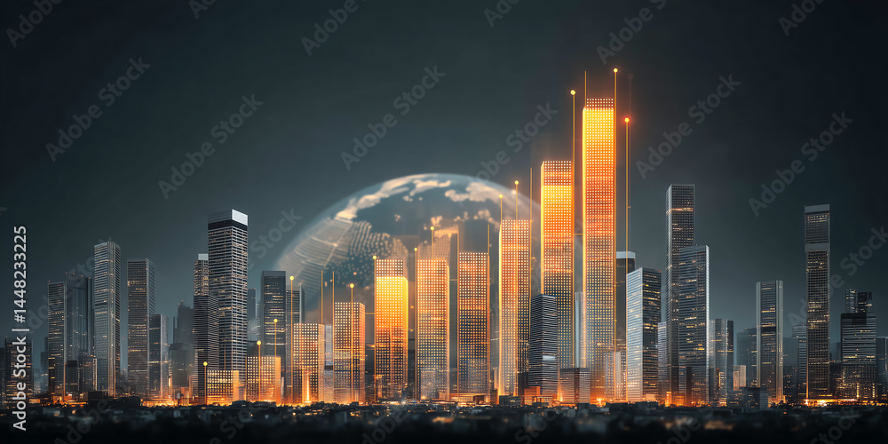 Obraz premium Glowing Skyscrapers Forming a Bar Chart on a 3D Earth with Dynamic Digital Lighting and Business Growth