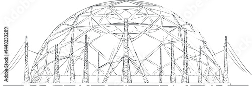 Black and white line drawing of a geodesic dome structure with metal framework and triangular design