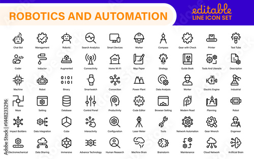 Futuristic Robotics and Automation Icon Pack – Clean Line Vector Illustrations for AI, Smart Tech, Industry 4.0, Innovation, Machine Learning