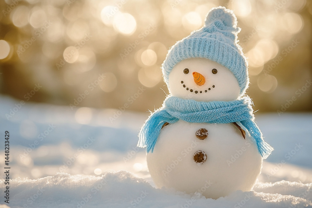 Obraz premium Cheerful snowman with a bright blue knitted hat and scarf basks in winter light