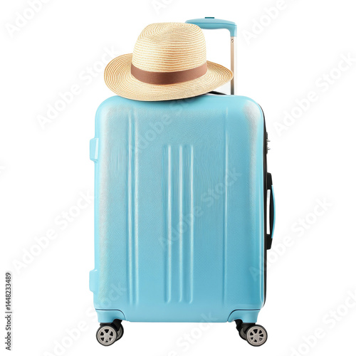 A blue suitcase with a hat on top, ready for travel. This image embodies the essence of travel, inviting viewers to dream of their next adventure