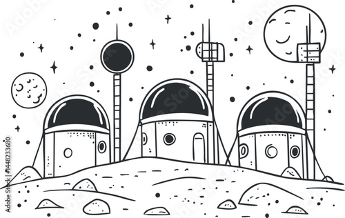 Black and white cartoon illustration of a futuristic moon colony with domed buildings under stars and planets.