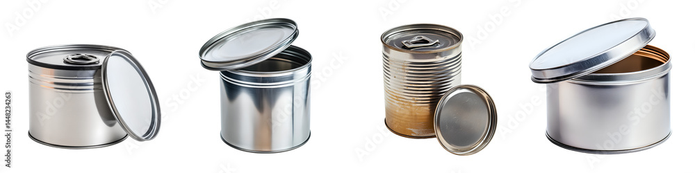 Set of an open metal can with the lid opened and placed on top of it, isolated on transparent background. Set of an open metal can with the lid opened and placed on top of it, isolated on transparent background.