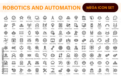 Futuristic Robotics and Automation Icon Pack – Clean Line Vector Illustrations for AI, Smart Tech, Industry 4.0, Innovation, Machine Learning