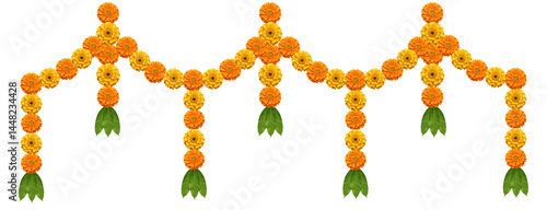 Indian Marigold Flower with Mango Leaves Garland Toran for Festival Decoration on Transparent Background Decorative Element for Diwali, Ugadi, Navaratri, pongal