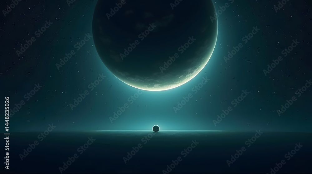 Ethereal space scene. A large planet dominates a dark, starry expanse, with a smaller sphere below. Best for sci-fi themes. Ethereal space scene. A large planet dominates a dark, starry expanse, with a smaller sphere below. Best for sci-fi themes.