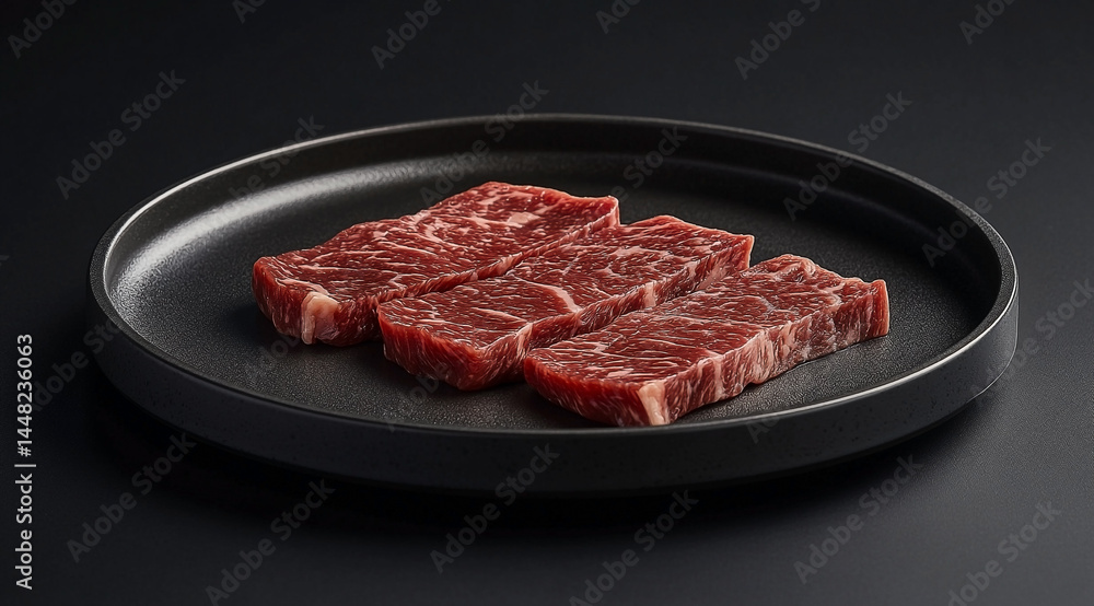 Elegant presentation of raw wagyu beef cubes arranged on a matte black plate