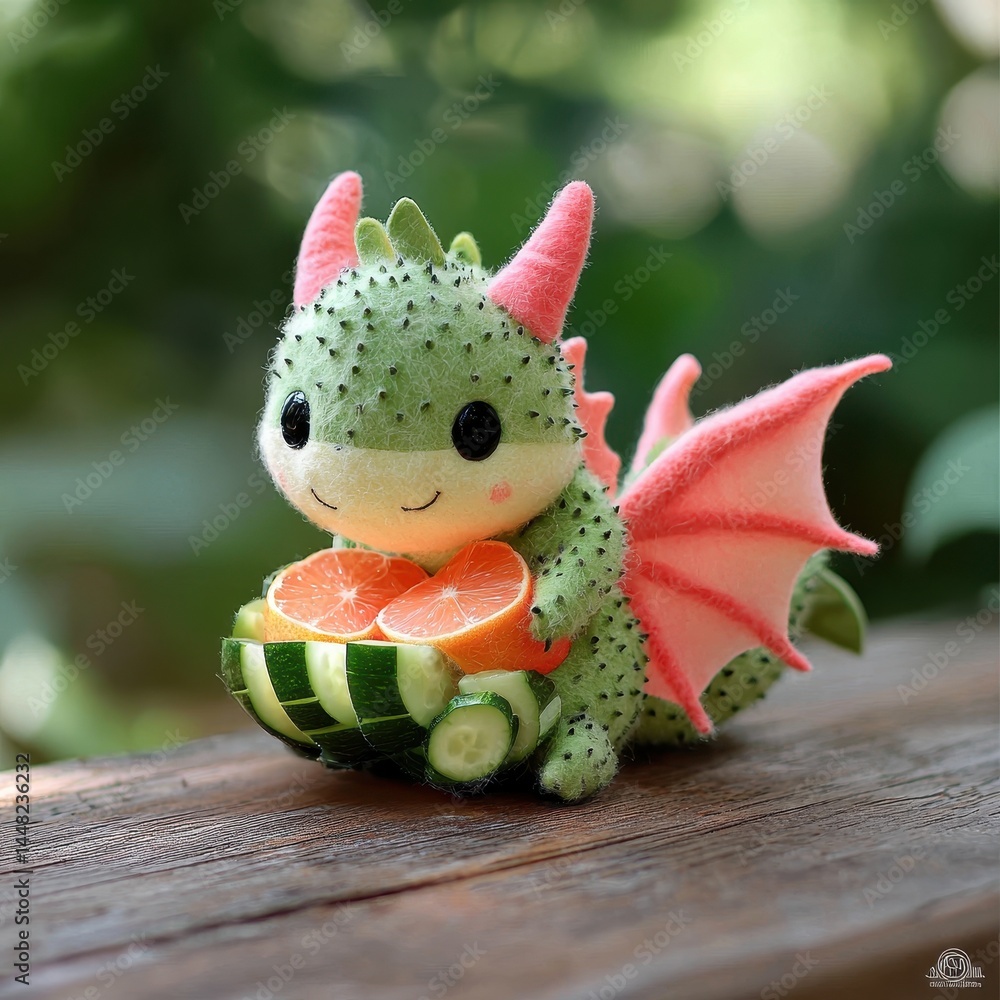 Naklejka premium A dragon plushie curled around a fruit treasure, its body of cucumber and wings of citrus slices, mythical and detailed, digital painting.