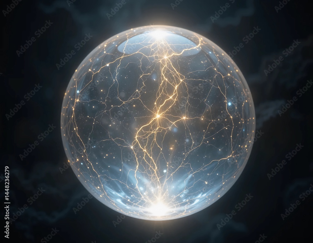 Obraz premium A glowing crystal orb floating in mid-air, radiating a soft light that illuminates the surrounding dark space