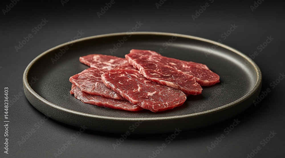 Elegant presentation of thinly sliced Wagyu beef on a sophisticated black plate