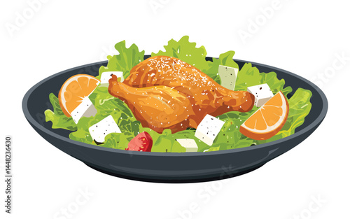 fried chicken with salad - vector illustration