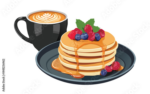 pancakes with hot coffee latte - vector illustration
