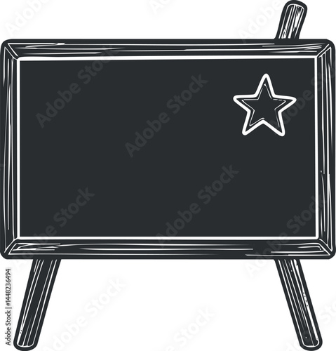 Blackboard with wooden frame on easel stand featuring a star symbol in the corner, isolated on white background