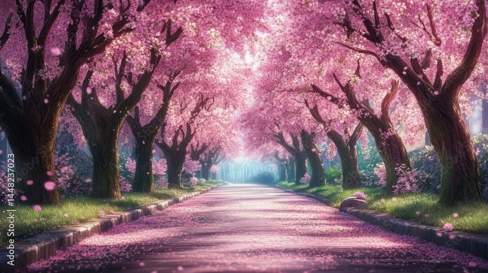Naklejka premium Enchanted Pink Blossom Pathway: A Dreamlike Spring Landscape