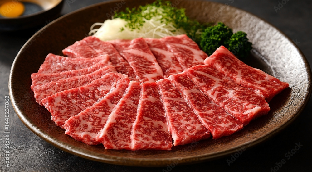 Exquisite marbled wagyu beef slices presented on a rustic plate with fresh garnish Exquisite marbled wagyu beef slices presented on a rustic plate with fresh garnish