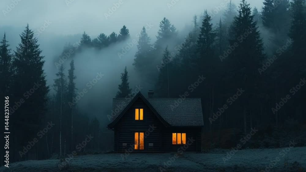 Cozy Cabin in Forest at Dusk with Warm Lights and Misty Atmosphere Cozy Cabin in Forest at Dusk with Warm Lights and Misty Atmosphere