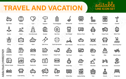 Travel and Vacation Outline Icon illustration. Editable line icon set.