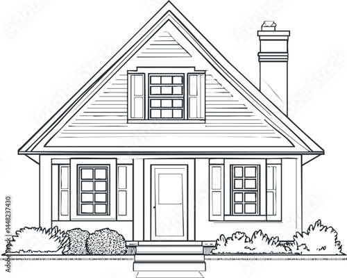 Black and white line drawing of a small house with a chimney, windows with shutters, front door, porch, and surrounding bushes.