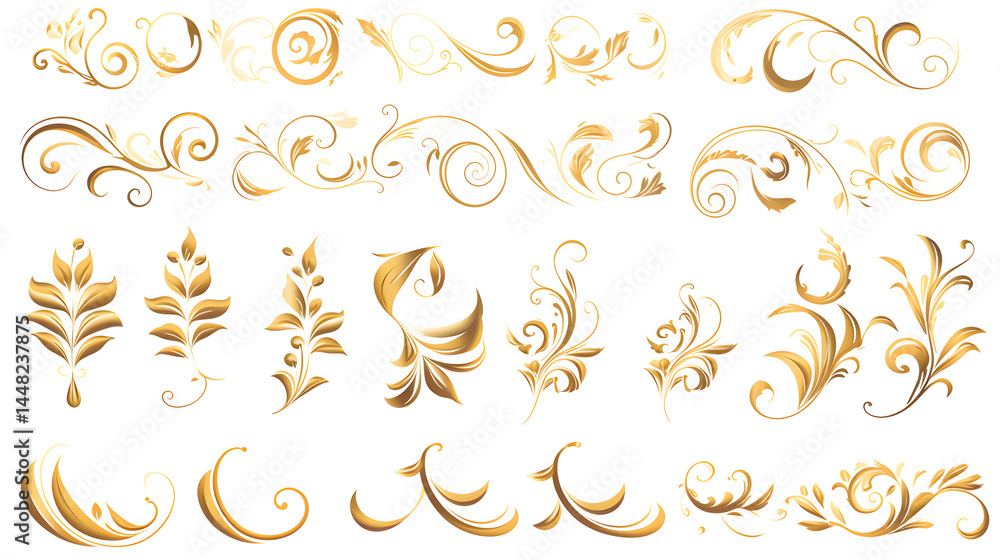 Fototapeta premium Elegant Golden Calligraphic Vignettes for Menu Design and Floral Elements
