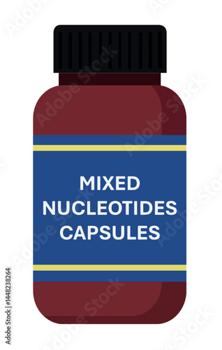 Mixed Nucleotides capsules in brown bottle isolated on white background. Immune Support Supplement with Organic Nucleotides Beta Glucans. Natural Energy Supplement. Plant Based Capsules.