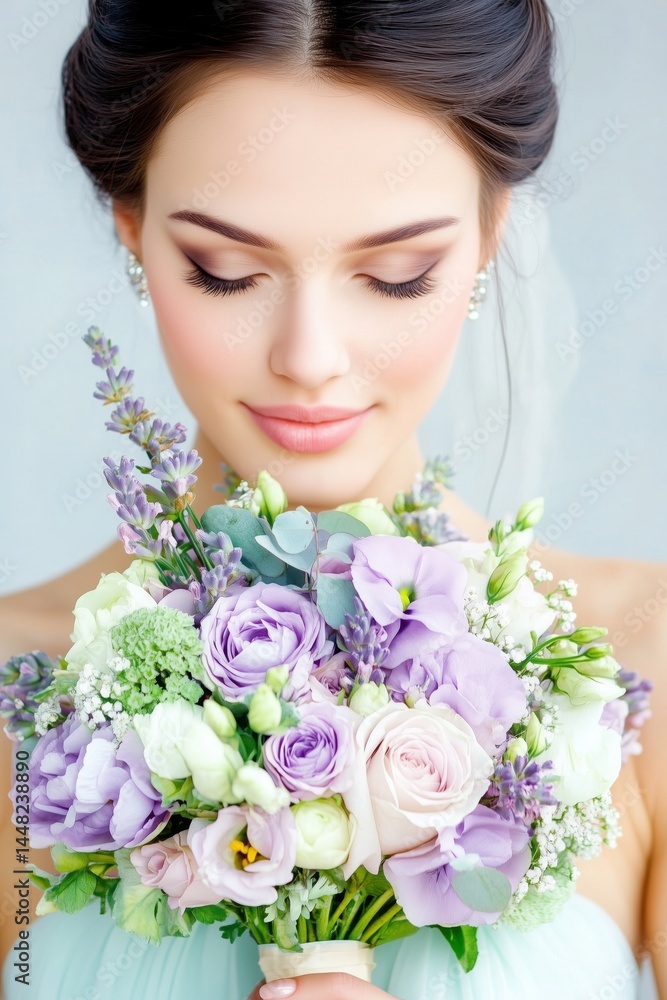 Naklejka premium Young woman with dark hair in an elegant updo holding a pastel bouquet of lavender and white flowers, eyes closed and smiling softly