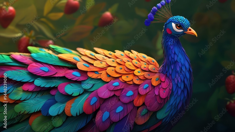 Fototapeta premium A peacock with a plumage of colorful fruit slices like kiwi, strawberries, and oranges, regal and intricate, digital realism.