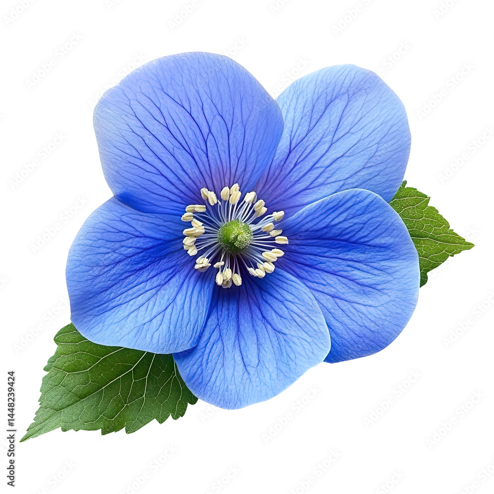 blue popy flower with green leaf isolated on transparent white background, clipping path