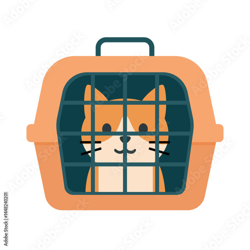 Flat illustration of a happy orange cat sitting inside a pet carrier, ideal for vet visit, travel, or pet care visuals. Vector illustration