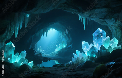 Mystical crystal cave with bioluminescent glow, glowing minerals, sacred subterranean sanctuary, enchanted underground world with spiritual and ancient energy