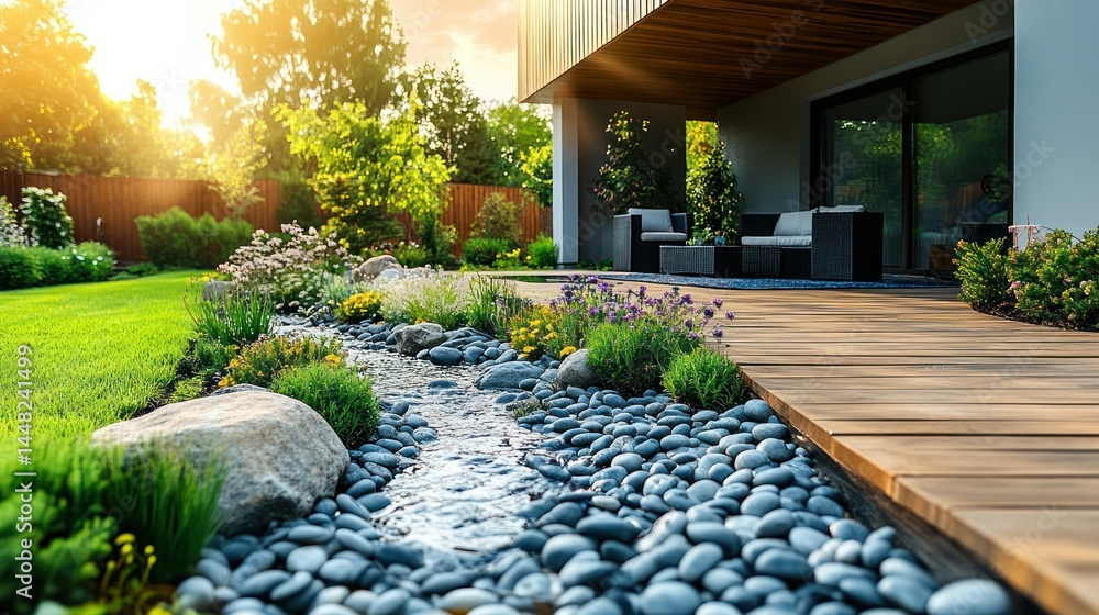 Obraz premium Modern home's tranquil garden oasis. A serene water feature, a pathway of smooth stones, and lush landscaping leads to a covered patio