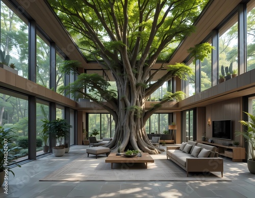 A contemporary eco-home built around a massive indoor tree growing through the center of the living space