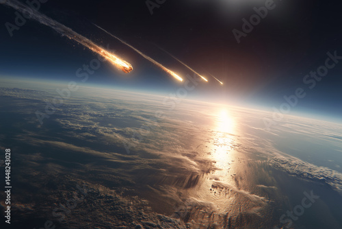 Illustration de météores pénétrant dans l'atmosphère terrestre au-dessus de l'océan.