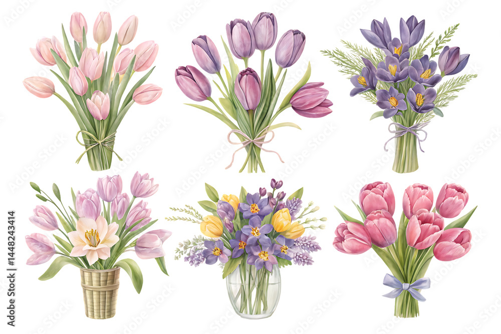 Spring floral bouquet set with tulips and crocus flowers, isolated on black background. Spring floral bouquet set with tulips and crocus flowers, isolated on black background.