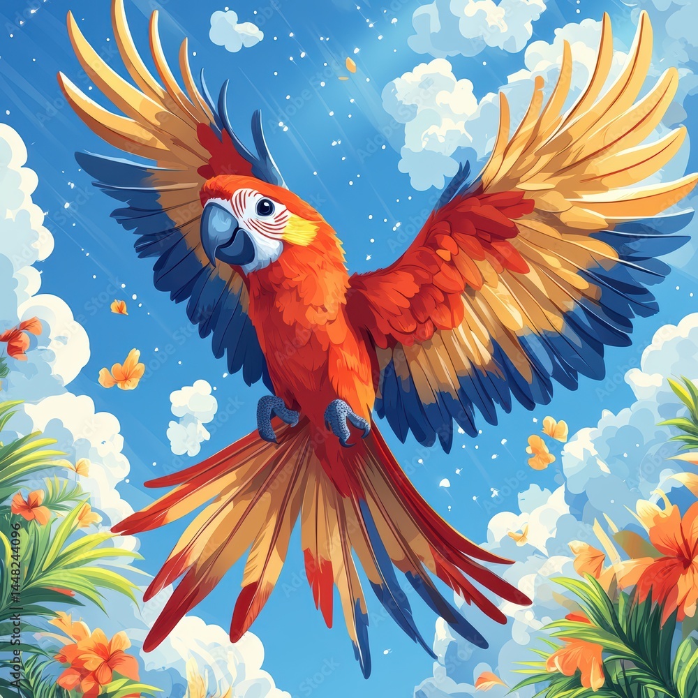 Obraz premium A cute blue macaw parrot, a colorful tropical bird, perches on a wild branch with flowers in a vibrant nature illustration