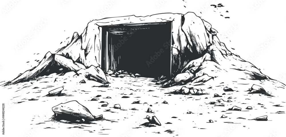 Fototapeta premium Black and white drawing of a rocky cave entrance surrounded by rugged terrain and scattered stones.
