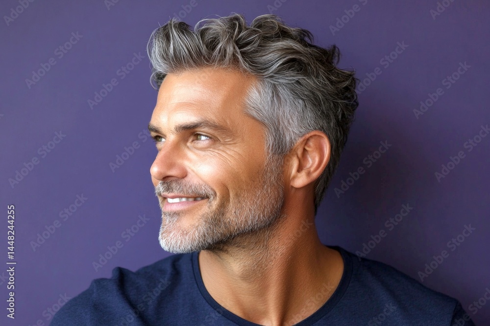 A happy and poised man radiating charm. Modish men's classic long sweep haircut - midlife white man with grey hair. Concept pattern image of style for aging men. Purple solid background.