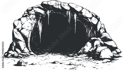 Black and white illustration of a dark, rocky cave entrance with stalactites and rough stone surroundings